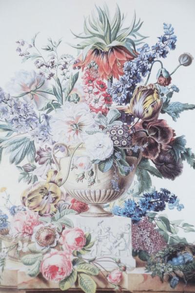 Framed Still Life Illustration of a White Marble Urn of Flowers and Birds Nest