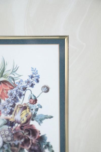 Framed Still Life Illustration of a White Marble Urn of Flowers and Birds Nest