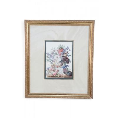 Framed Still Life Illustration of a White Marble Urn of Flowers and Birds Nest