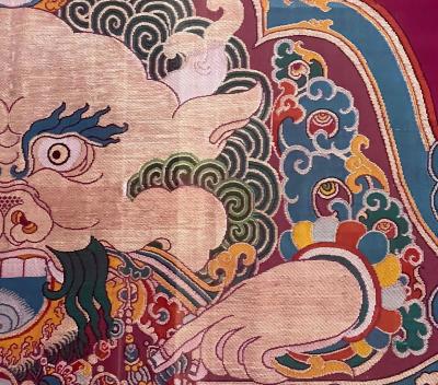Framed Tibetan Woven Silk Kesi Panel of Kirtimukha