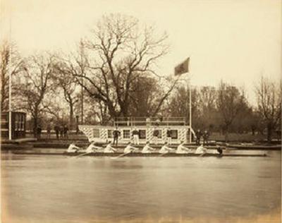 Framed albumen print of rowers
