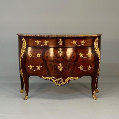 Fran ois Linke 19th Century French Bombe Louis XV Style Marble Top Commode with Floral Inlays