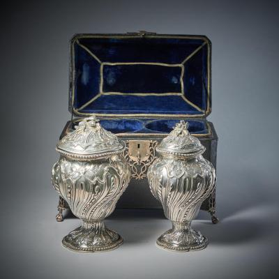 Francis Butty A Rare Silver Mounted George II Shagreen Tea Caddy with Silver Rocco Canistors