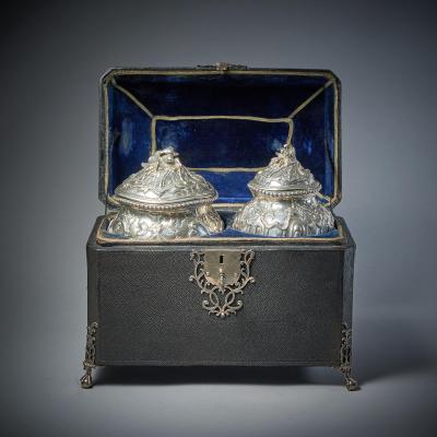 Francis Butty A Rare Silver Mounted George II Shagreen Tea Caddy with Silver Rocco Canistors