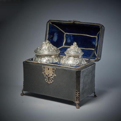Francis Butty A Rare Silver Mounted George II Shagreen Tea Caddy with Silver Rocco Canistors