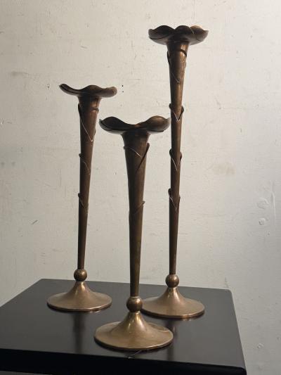 Francisco Rebajes TRIO OF HAND SCULPTED COPPER CANDLESTICKS ATTRIBUTED TO FRANCISCO REBAJES