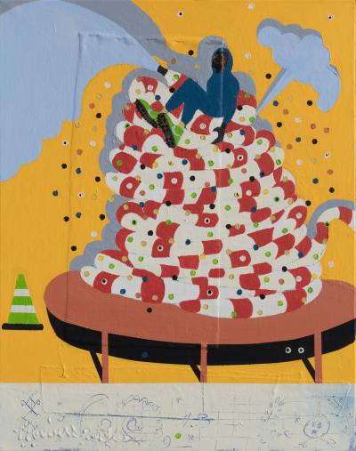 Francks Deceus Mumbo Jumbo NYC 10 Ironic Figurative Painting with Orange and Blue Colors