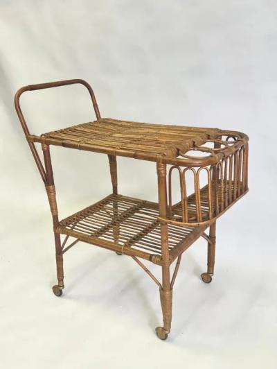 Franco Albini Italian Mid Century Modern Bamboo Rattan Bar Cart by Franco Albini