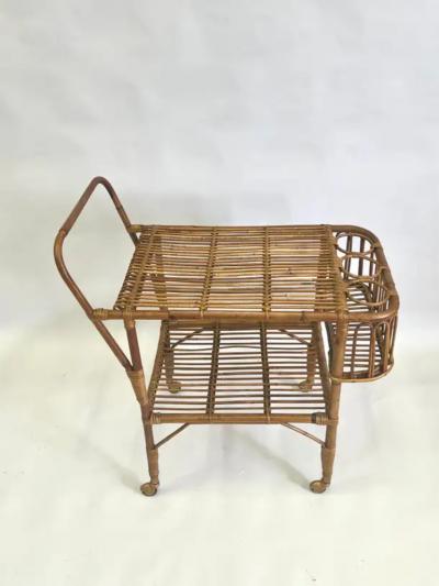 Franco Albini Italian Mid Century Modern Bamboo Rattan Bar Cart by Franco Albini