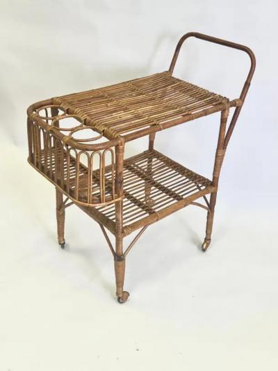 Franco Albini Italian Mid Century Modern Bamboo Rattan Bar Cart by Franco Albini