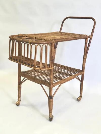 Franco Albini Italian Mid Century Modern Bamboo Rattan Bar Cart by Franco Albini