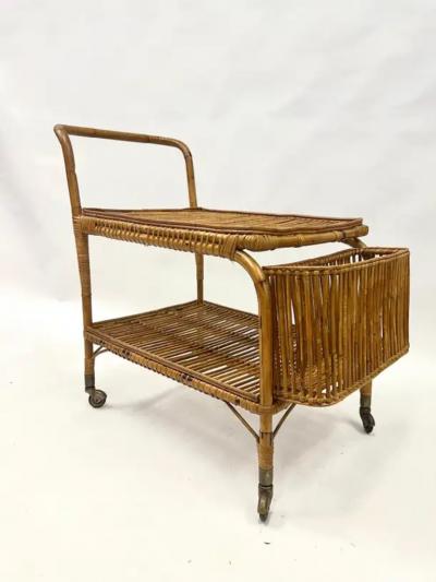 Franco Albini Italian Mid Century Modern Bamboo and Rattan Bar Serving Cart by Franco Albini