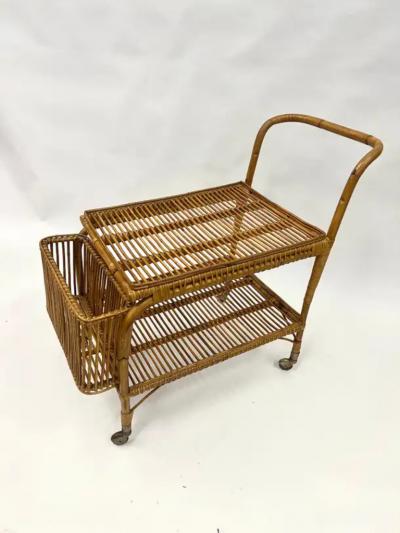 Franco Albini Italian Mid Century Modern Bamboo and Rattan Bar Serving Cart by Franco Albini