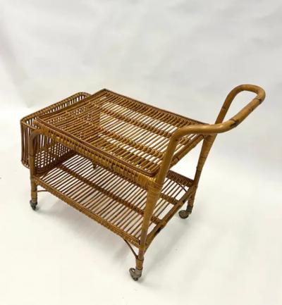 Franco Albini Italian Mid Century Modern Bamboo and Rattan Bar Serving Cart by Franco Albini