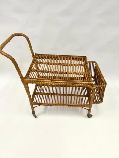 Franco Albini Italian Mid Century Modern Bamboo and Rattan Bar Serving Cart by Franco Albini