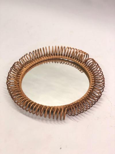 Franco Albini Italian Mid Century Modern Round Mirror in Rattan Attributed to Franco Albini