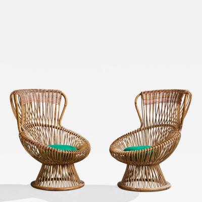 Franco Albini Lounge Chairs with Bamboo Rattan and Fabric Italy 1960s