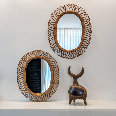 Franco Albini PAIR OF BAMBOO AND RATTAN OVAL MIRRORS 1960 