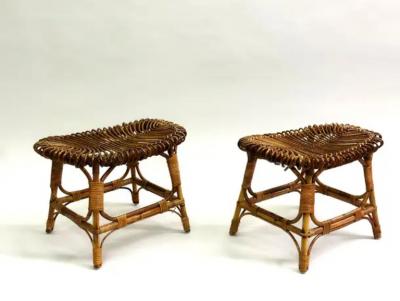 Franco Albini Pair of Italian Mid Century Modern Rattan Stools Benches attr Franco Albini