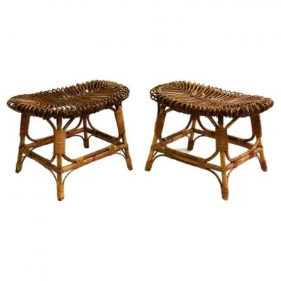Franco Albini Pair of Italian Mid Century Modern Rattan Stools Benches attr Franco Albini