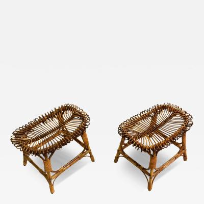 Franco Albini Pair of Italian Mid Century Modern Rattan Stools Benches attr Franco Albini
