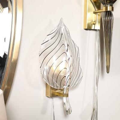 Franco Luce Mid Century Hand Blown Black Linear Murano Glass Leaf Sconces by Franco Luce