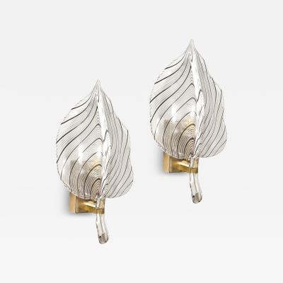 Franco Luce Mid Century Hand Blown Black Linear Murano Glass Leaf Sconces by Franco Luce