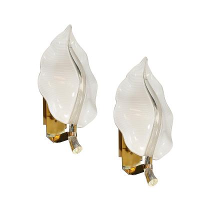 Franco Luce Pair of Mid Century Hand Blown Murano Glass Striated Leaf Sconces by Franco Luce