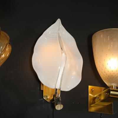 Franco Luce Pair of Mid Century Hand Blown Murano Glass Striated Leaf Sconces by Franco Luce
