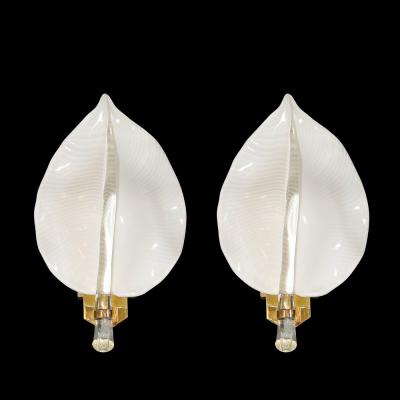 Franco Luce Pair of Mid Century Hand Blown Murano Glass Striated Leaf Sconces by Franco Luce