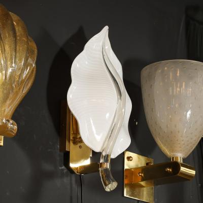 Franco Luce Pair of Mid Century Hand Blown Murano Glass Striated Leaf Sconces by Franco Luce