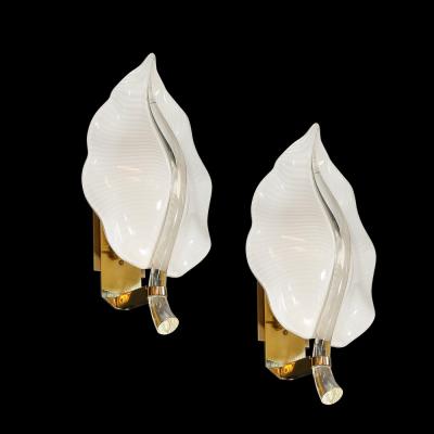 Franco Luce Pair of Mid Century Hand Blown Murano Glass Striated Leaf Sconces by Franco Luce