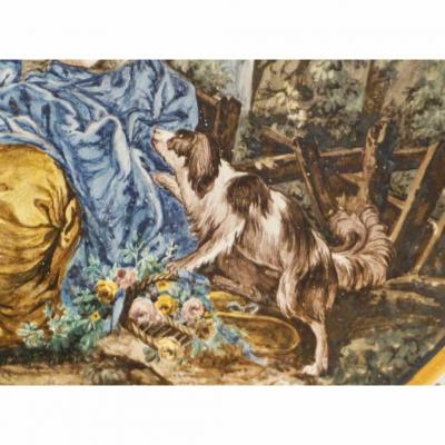 Francois Boucher 1870s French Rococo Revival Yellow Blue White Enamel Pottery Wall Art Plaque