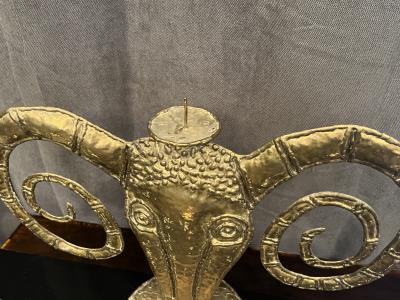 Francois Xavier Lalanne FORGED BRASS RAM HEAD CANDLE HOLDER IN THE MANNER OF FRANCOIS XAVIER LALANNE