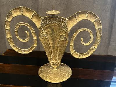 Francois Xavier Lalanne FORGED BRASS RAM HEAD CANDLE HOLDER IN THE MANNER OF FRANCOIS XAVIER LALANNE