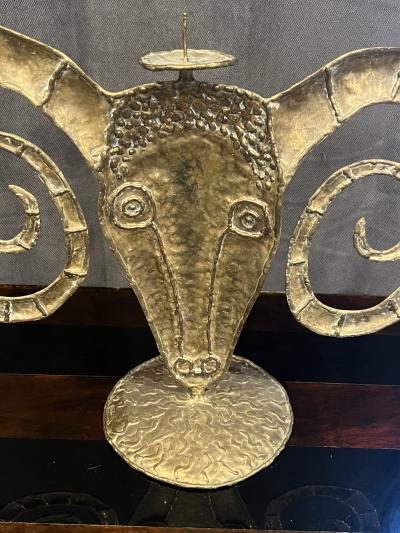Francois Xavier Lalanne FORGED BRASS RAM HEAD CANDLE HOLDER IN THE MANNER OF FRANCOIS XAVIER LALANNE