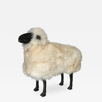 Francois Xavier Lalanne Lalanne Style Carved Wooden Sheep in Natural Sheepskin