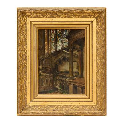 Frank Moss Bennett Early 20th century English oil painting of a chapel by Frank Moss Bennett