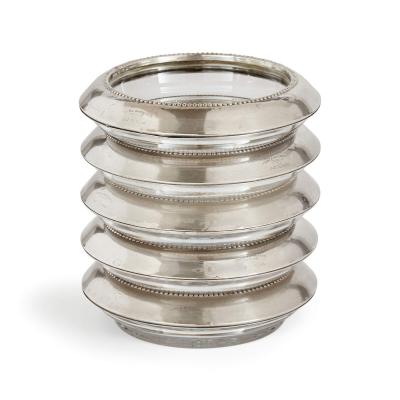 Frank Whiting Collection of five American silver and glass coasters by Frank M Whiting Co 