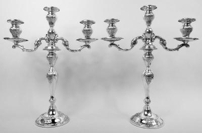 Frank Whiting Pair of Traditional Georgian Sterling Silver 3 Light Candelabra