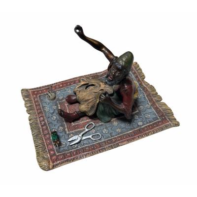Franz Bergmann Antique Vienna Bronze Sculpture a Man on Persian Rug by Franz Bergmann