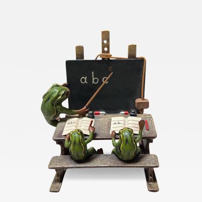 Franz Bergmann Vienna Cold Painted Bronze Frogs Teaching Sculpture by Franz Bergmann