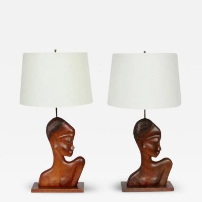 Franz Hagenauer Pair of Franz Hagenauer African Negress Bust Mahogany Table Lamps 1920s