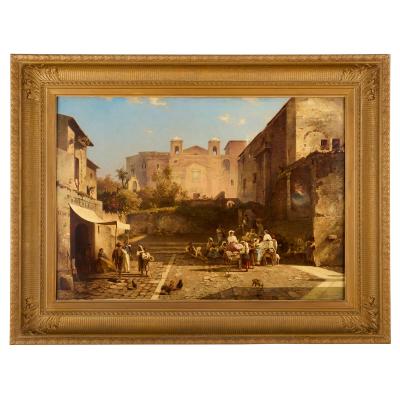 Franz Richard Unterberger Large antique oil painting of an Italian street scene by Franz R Unterberger