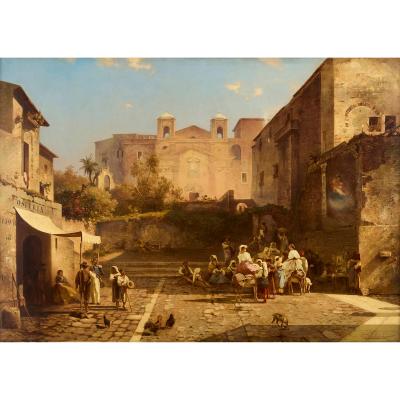 Franz Richard Unterberger Large antique oil painting of an Italian street scene by Franz R Unterberger