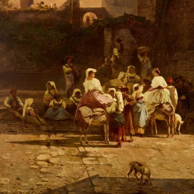 Franz Richard Unterberger Large antique oil painting of an Italian street scene by Franz R Unterberger