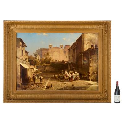Franz Richard Unterberger Large antique oil painting of an Italian street scene by Franz R Unterberger