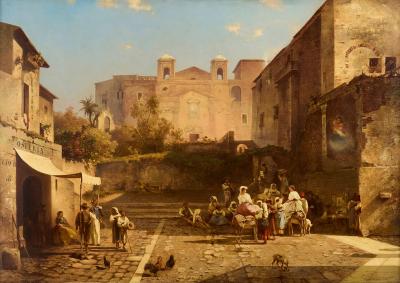 Franz Richard Unterberger Large antique oil painting of an Italian street scene by Franz R Unterberger