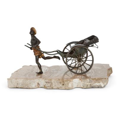 Franz Xaver Bergmann Antique cold painted bronze of a pulled rickshaw by Bergman