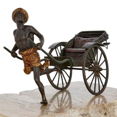 Franz Xaver Bergmann Antique cold painted bronze of a pulled rickshaw by Bergman